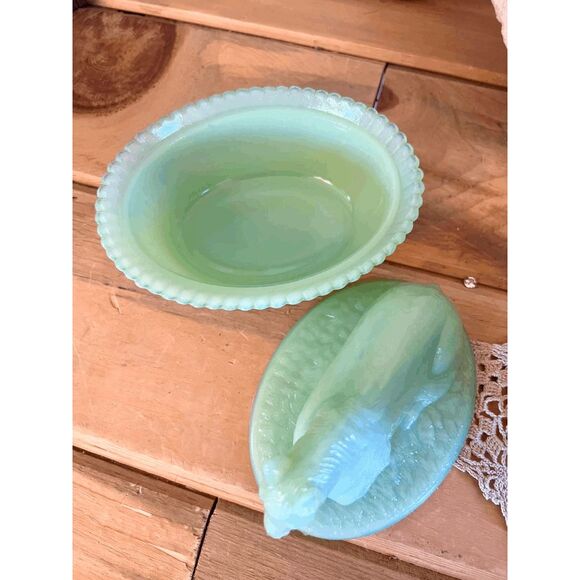 Westmoreland Mould Jadeite Horse Covered Candy Dish – 2 Piece Glass Horse on Rib - Picture 4 of 5